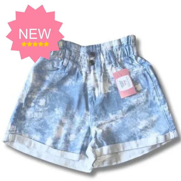 aaron & amber Pants - Blue White Tie Die Paperbag Denim Shorts